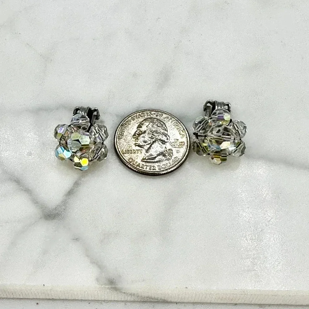 Vintage Crystal Aurora Borealis Necklace  Matching Clip On Earrings Set …